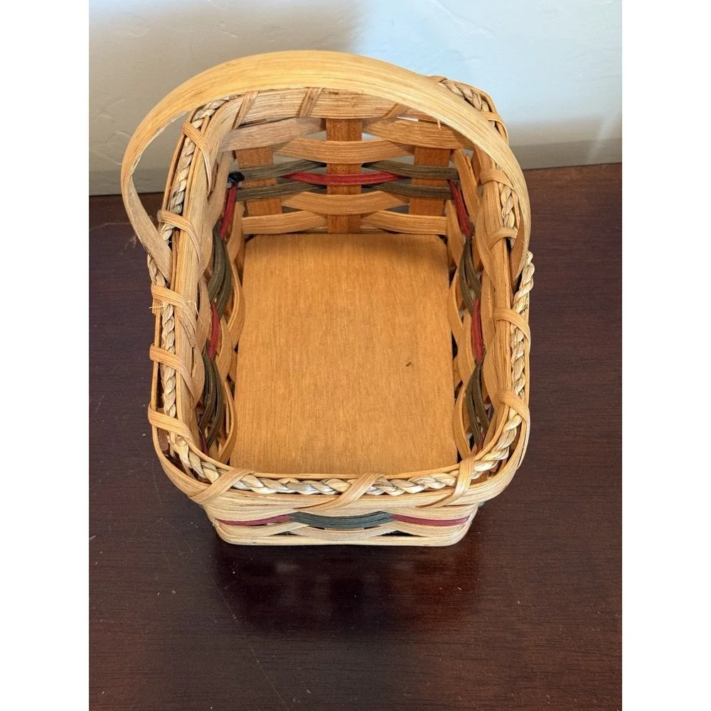 Hand Crafted Woven Double Wine Basket 3 Tone Wood With Handle Signed Dated 2006